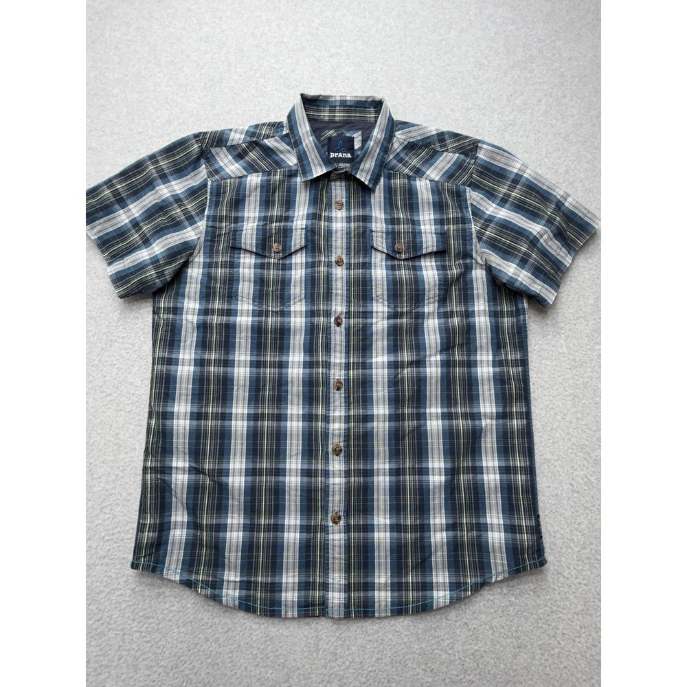 PrAna Shirt Mens Large Blue Plaid Short Sleeve Button Hiking Casual Summer